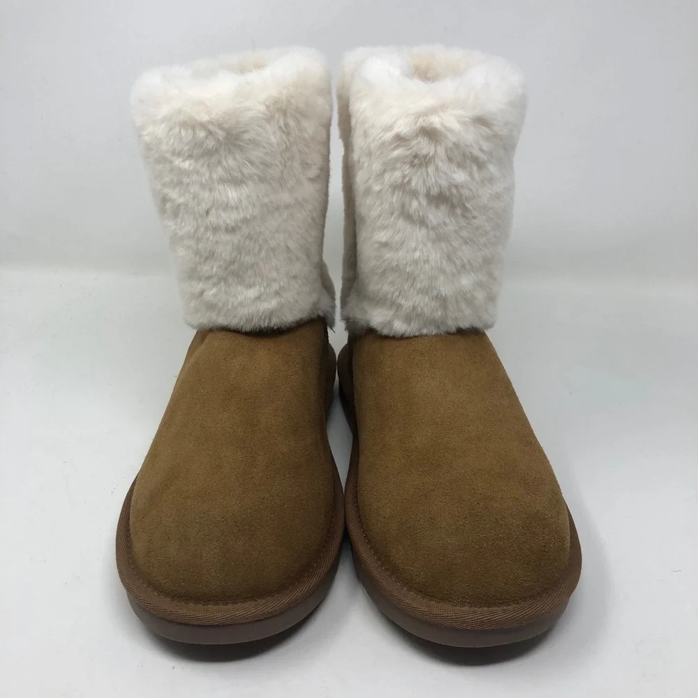 Koolaburra Bugg‎ Aubrei Short Boot Chestnut Beige Suede Faux Fur Lined Girls 4